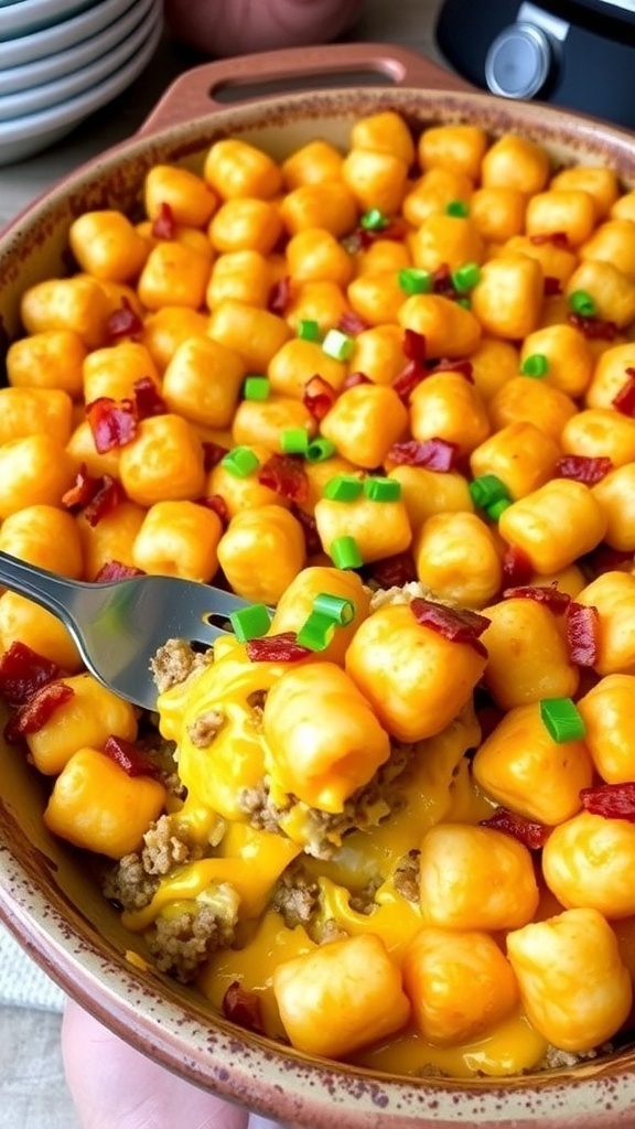 Bacon cheeseburger tater tot casserole with layers of beef, bacon, cheese, and crispy tater tots in a baking dish.